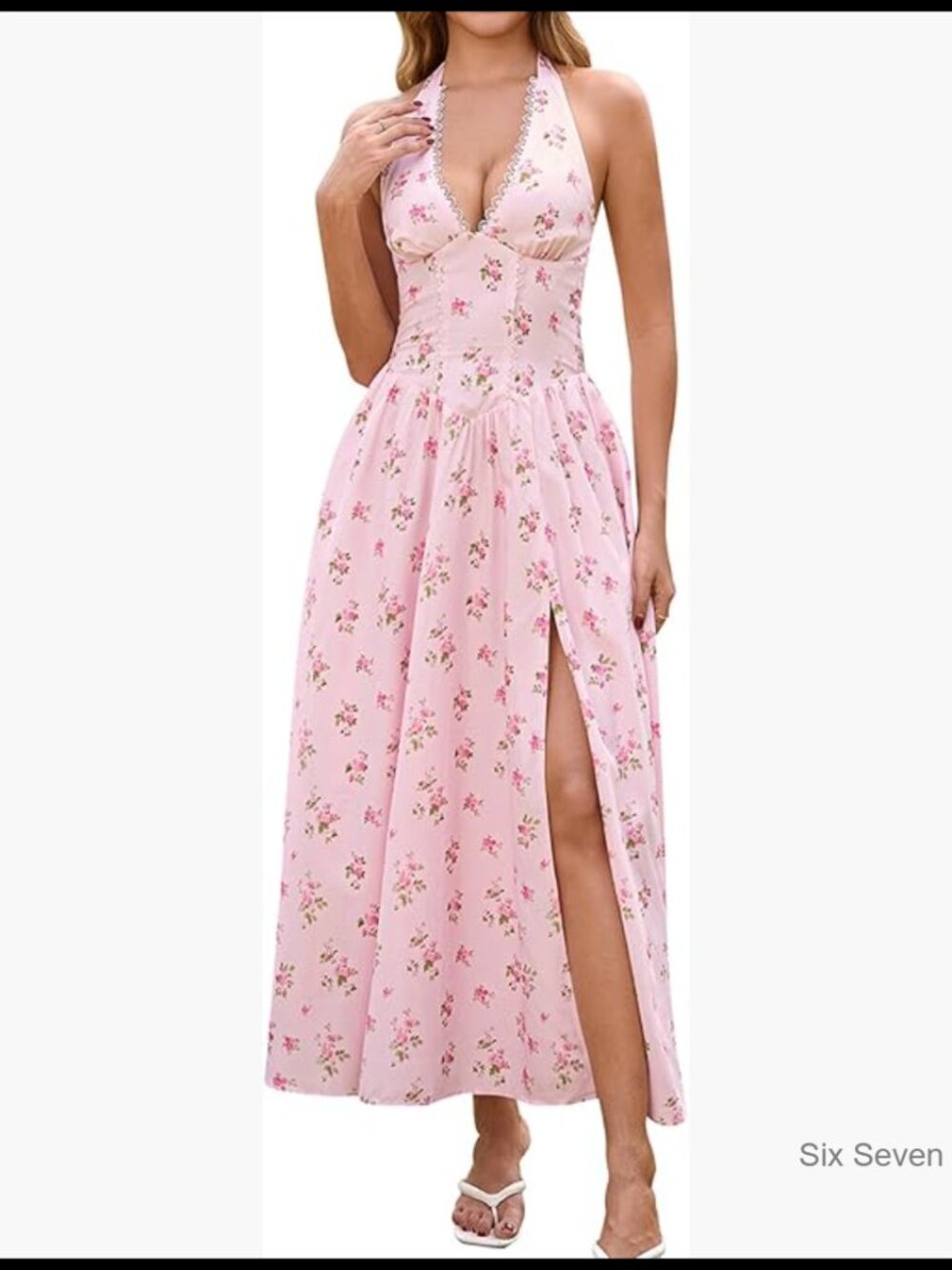 Floral Halter Midi Dress with Lace V Neck and Slit